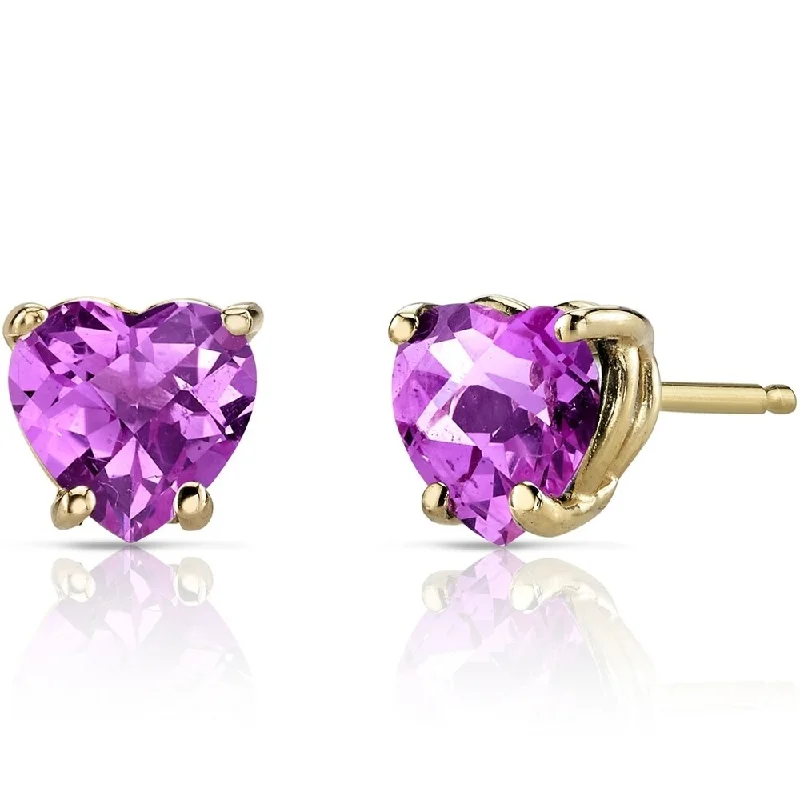 2.25 ct Heart Shape Created Pink Sapphire Stud Earrings in 14K Yellow Gold