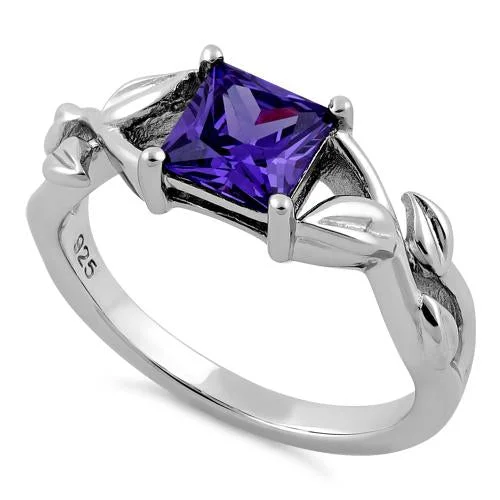 Sterling Silver Leaves Vines Princess Cut Amethyst CZ Ring