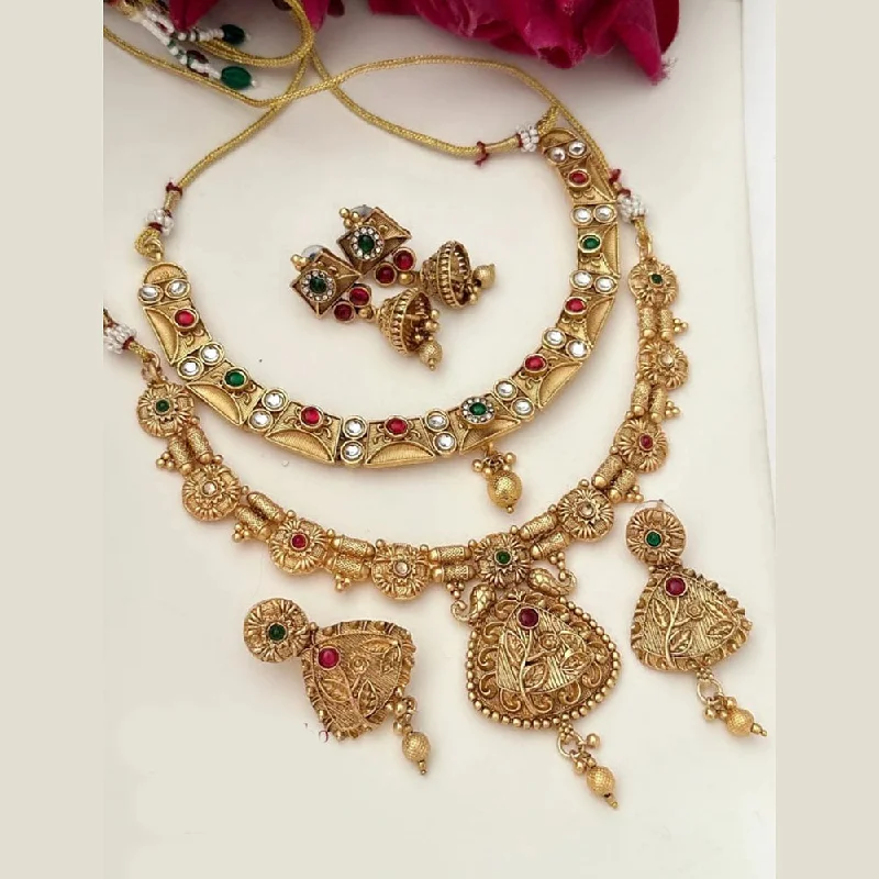 FS Collection Gold Plated Pota Stone Double Necklace Set