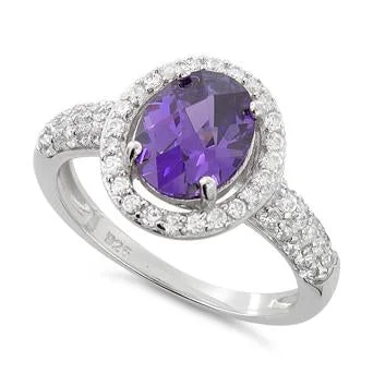 Sterling Silver Amethyst Oval Halo CZ Ring