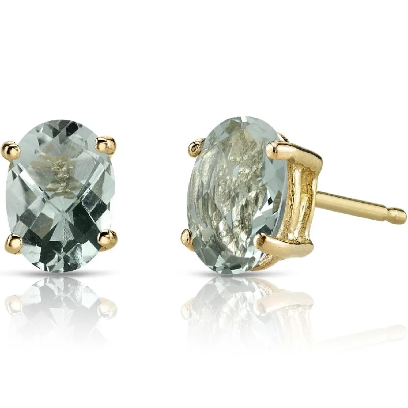 14k Yellow Gold Green Amethyst Stud Earrings 1.34 ct Oval Shape