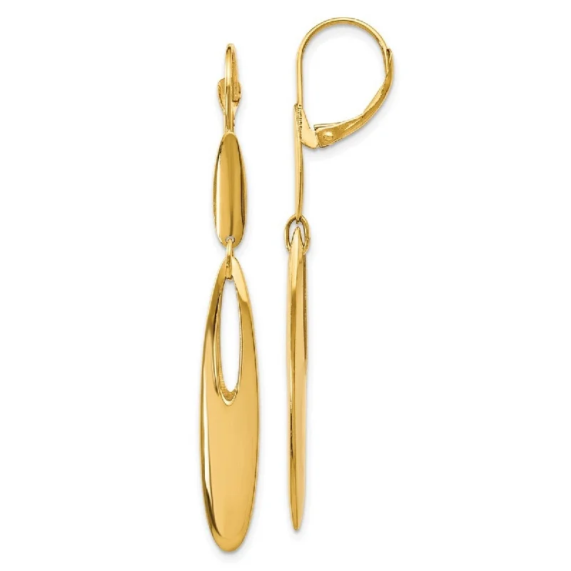 Curata 14k Yellow Gold Polished Elongated Oval Leverback Long Drop Dangle Earrings 52x6mm