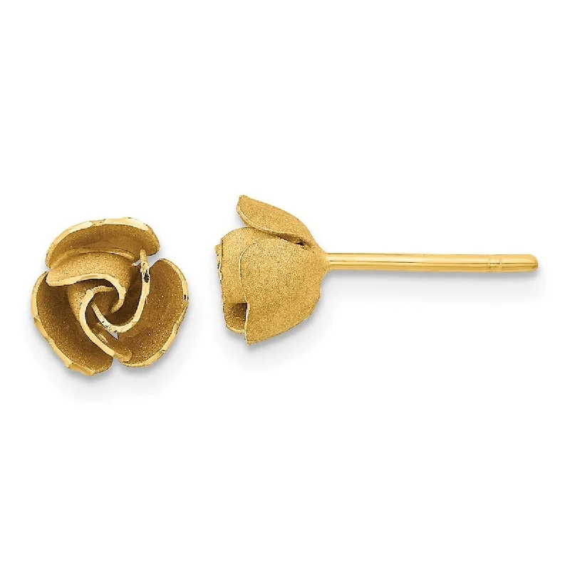 Curata 14k Yellow Gold 7.5mm Satin Finish 3-D Rose Post Earrings