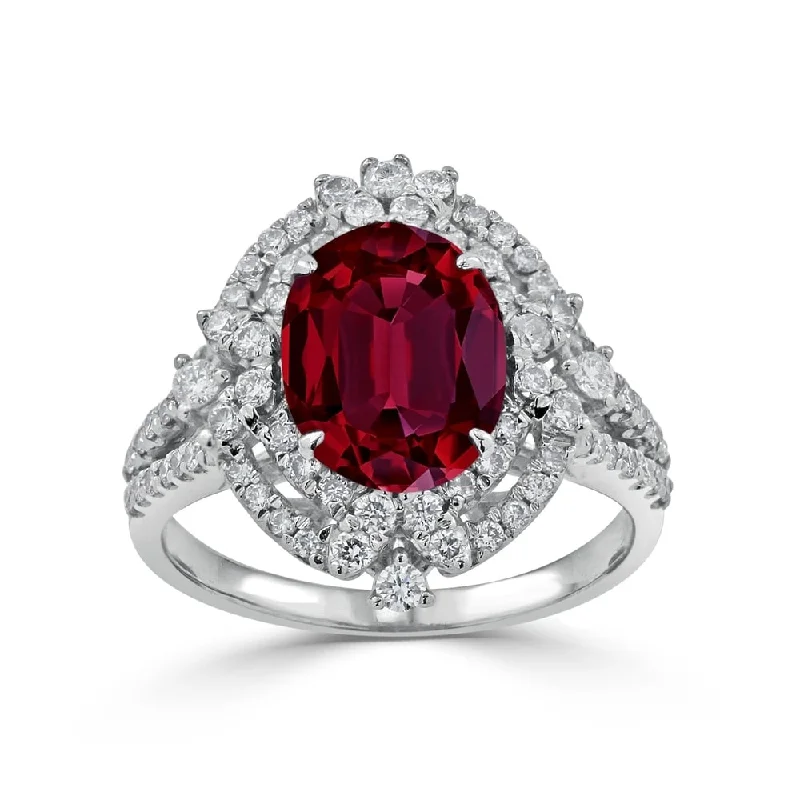 Auriya Vintage 2 7/8ct Oval Red Ruby and Halo Diamond Ring 3/4cttw 18K Gold