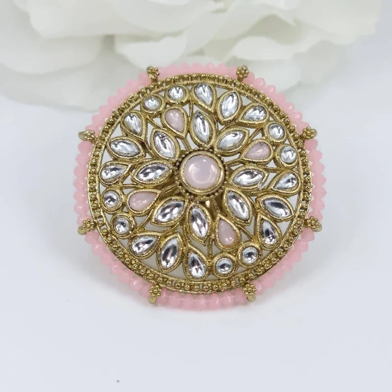 Kundan Mandala Statement Ring - Pink