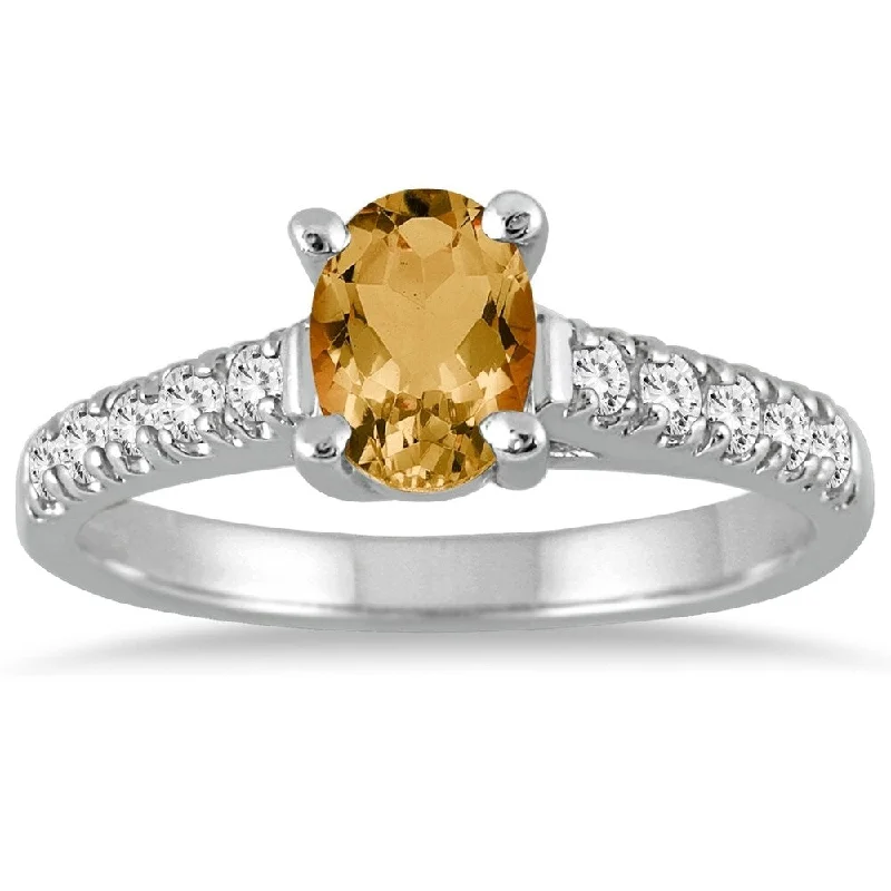 1 Carat Oval Citrine and Diamond Ring in 14K White Gold