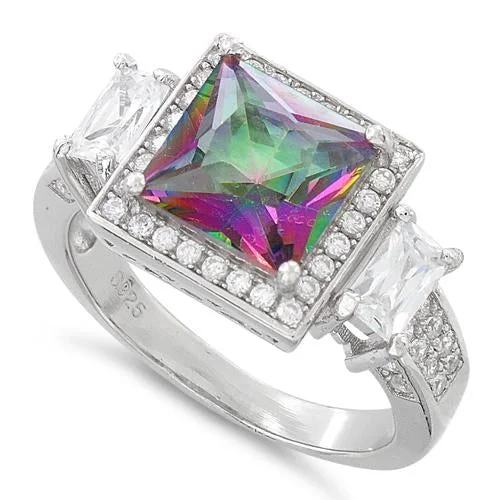 Sterling Silver Three Stone Rainbow Topaz Square CZ Ring