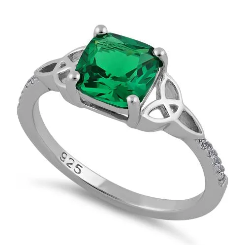 Sterling Silver Square Emerald Celtic CZ Ring