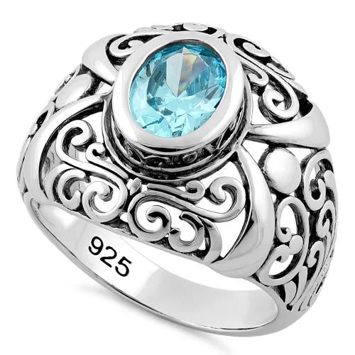 Sterling Silver Bali Aqua CZ Ring