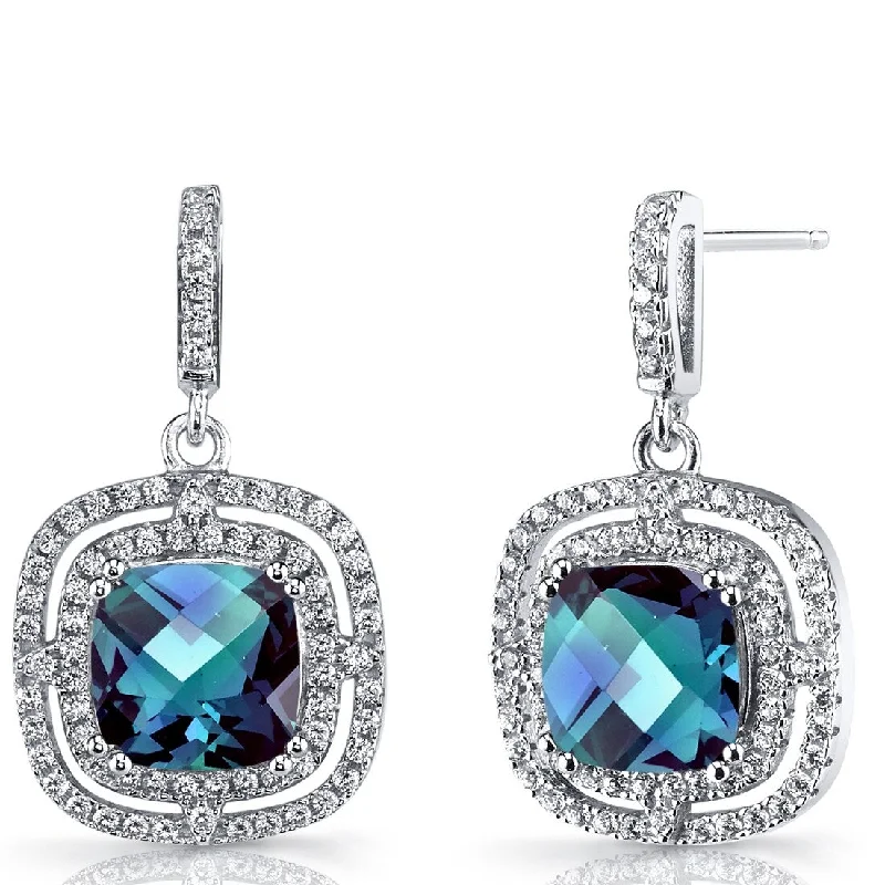 Sterling Silver 6ct Created Sapphire Cushion Dangling Earrings