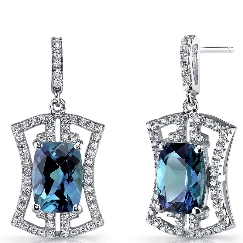 Sterling Silver 6.5ct Created Sapphire Cushion Dangling Earrings