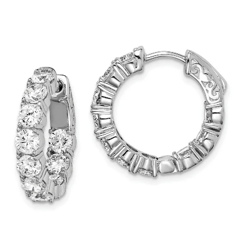 Curata 925 Sterling Silver Polished Safety clasp Rhodium Plated With CZ Cubic Zirconia Hinged Hoop Earrings