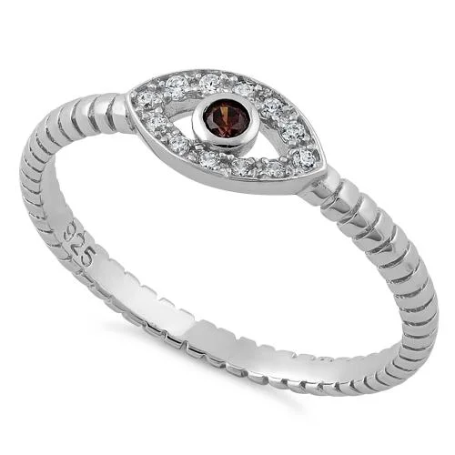 Sterling Silver Brown Stone Evil Eye CZ Ring