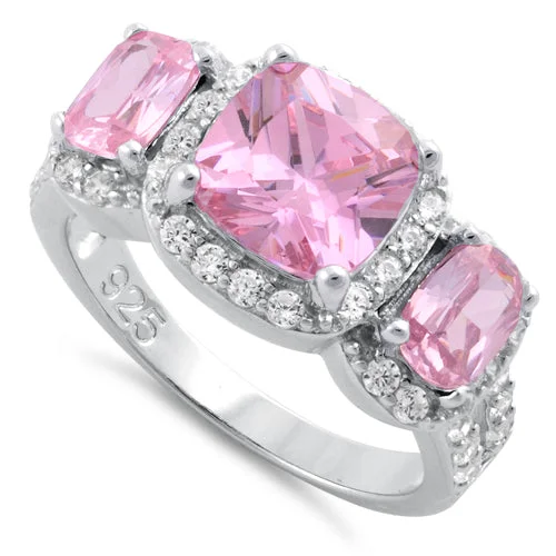 Sterling Silver Pink Three Stone Halo CZ Ring