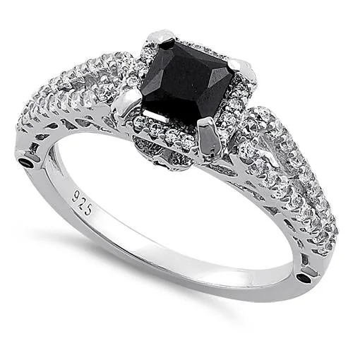 Sterling Silver Lavish Princess Cut Black CZ Ring