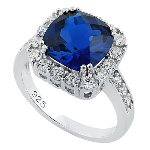 Sterling Silver Deep Blue Sapphire Cushion CZ Ring