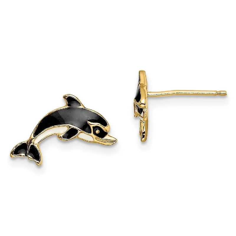 Curata 14k Yellow Gold Enamel Dolphin Post Earrings Black and White 8.3x14.8mm