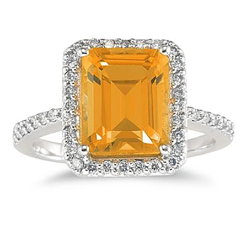 14k White Gold 4 1/2ct Emerald-cut Citrine and 1/3ct TDW Diamond Ring