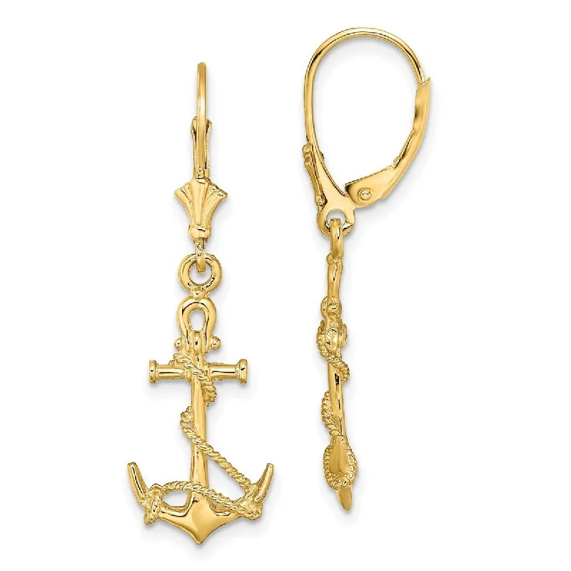 Curata 14k Gold 3 d Nautical Ship Mariner Anchor With Shackle and Entwined Rope Leverback Earrings - 37.5mm long