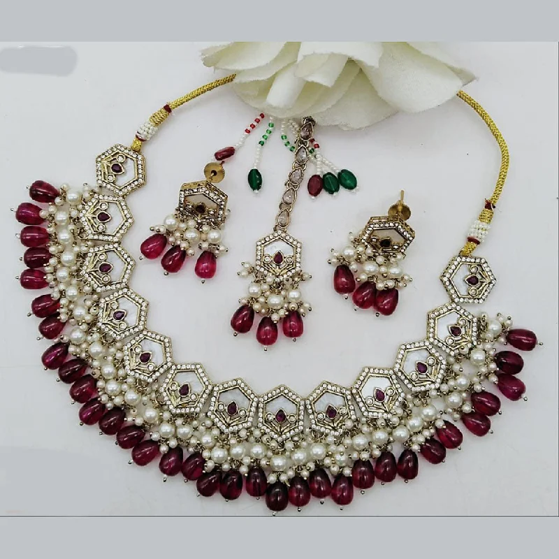 FS Collection Gold Plated Kundan Stone And Pearls Necklace Set