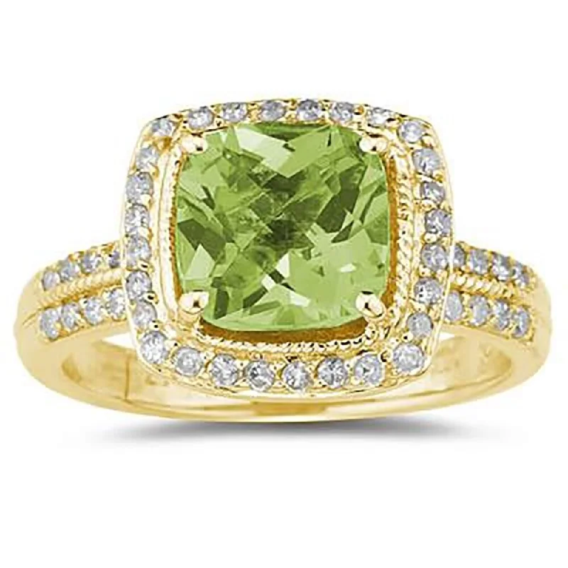 2 1/2 Carat Cushion Cut Peridot & Diamond Ring in 14K Yellow Gold