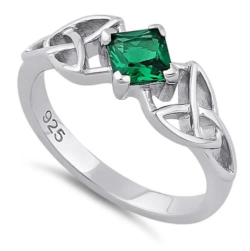 Sterling Silver Celtic Princess Cut Emerald CZ Ring