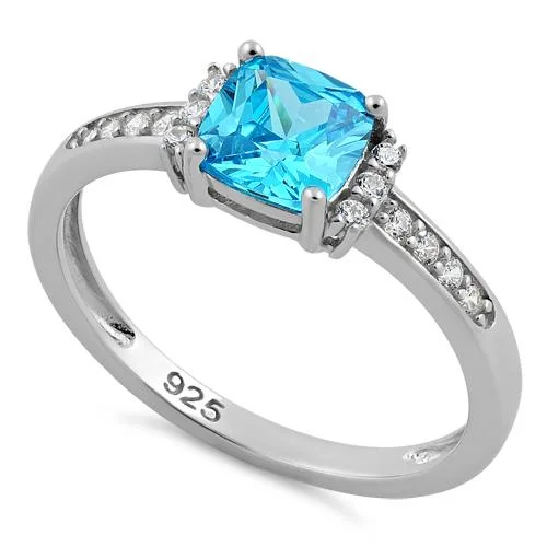 Sterling Silver Cushion Aqua Blue CZ Ring