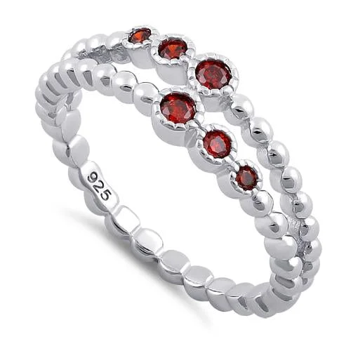 Sterling Silver Double Beaded Garnet CZ Ring