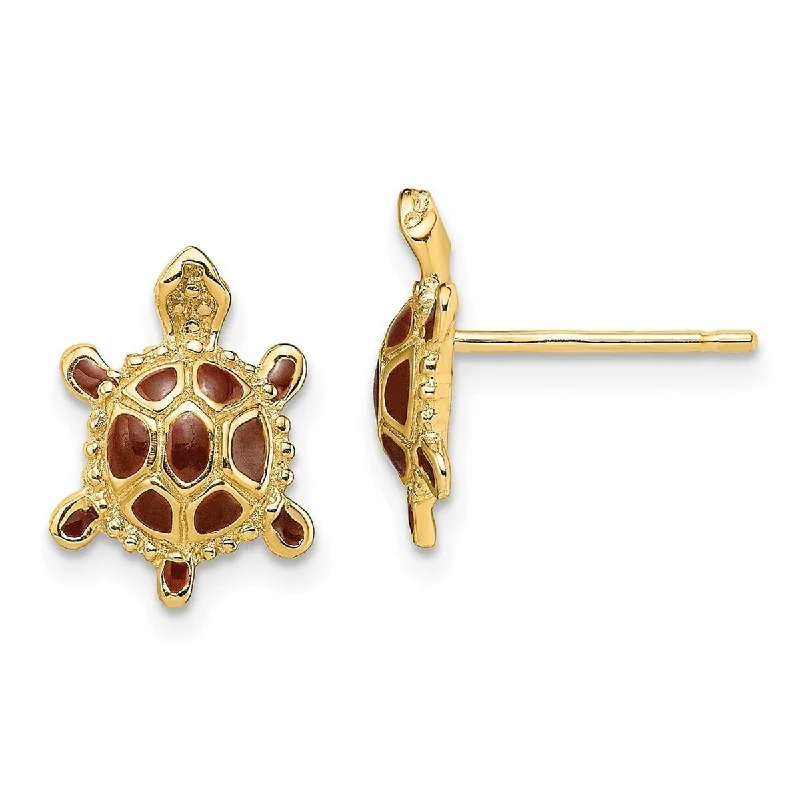 Curata 14k Yellow Gold Sea Turtle Brown Enamel Shell Earrings - 12.25x9mm