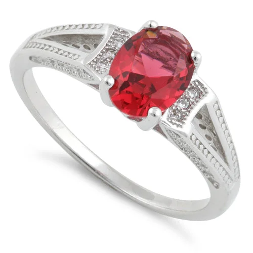 Sterling Silver Ruby Oval Cut CZ Ring