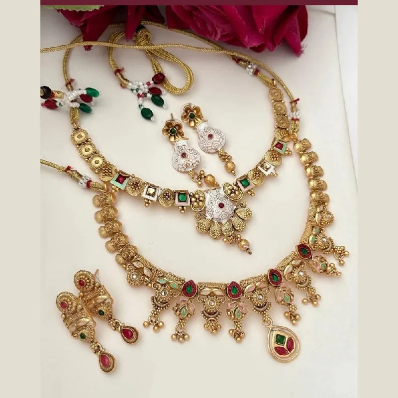 FS Collection Gold Plated Pota Stone And Meenakari Double Necklace Set