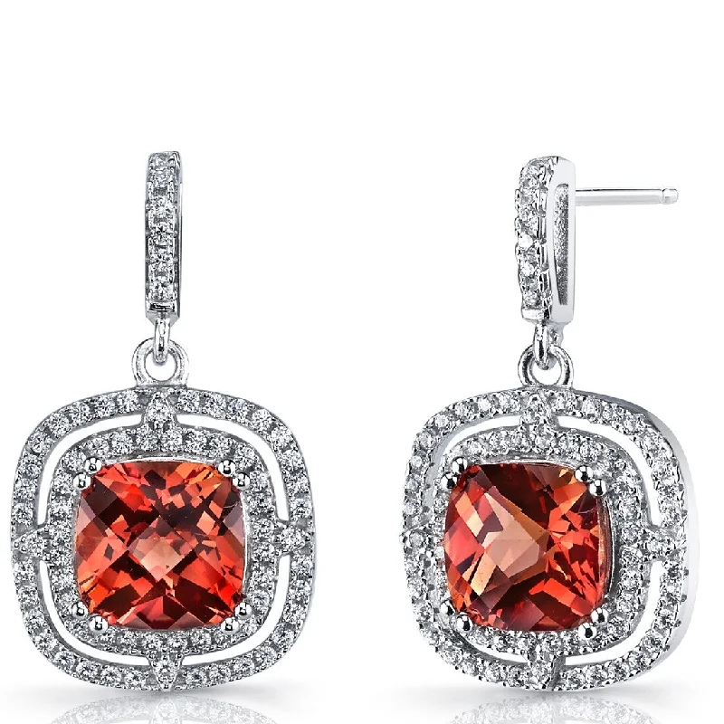 Sterling Silver 6ct Created Padparadscha Sapphire Dangling Earrings