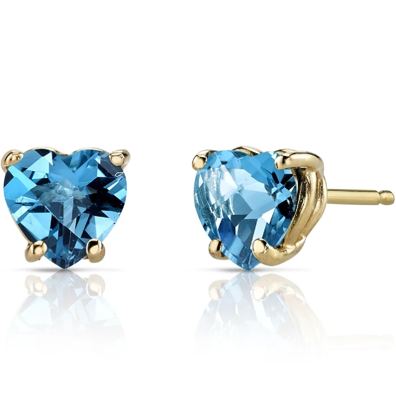 14k Yellow Gold Swiss Blue Topaz Stud Earrings 1.81ct Heart Shape