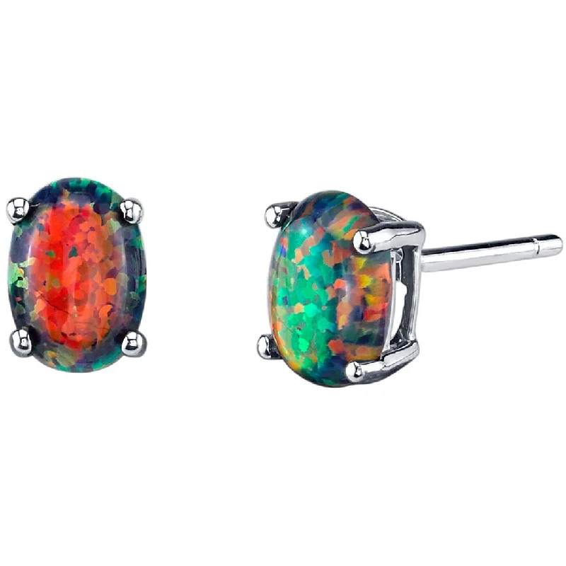 14k White Gold Black Opal Stud Earrings 1 ct Oval Shape