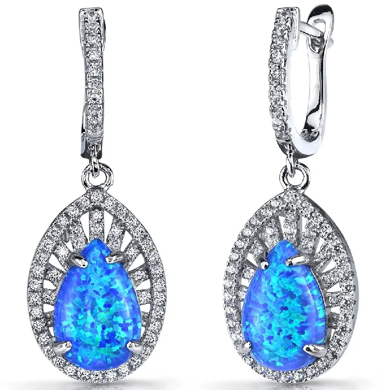 Sterling Silver 3ct Created Opal Pear Dangling Earrings