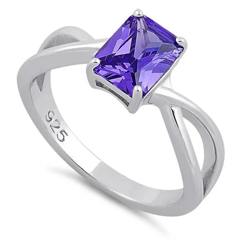 Sterling Silver Twist Emerald Cut Amethyst CZ Ring