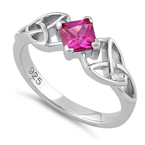 Sterling Silver Celtic Princess Cut Ruby CZ Ring