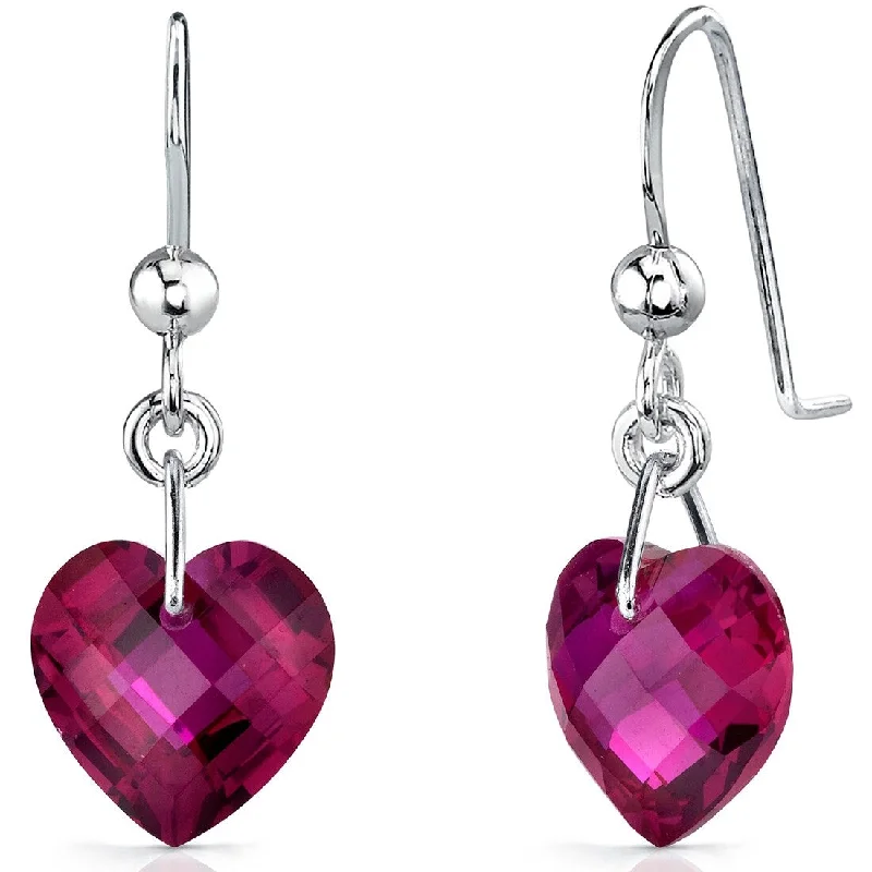 Sterling Silver 9.5ct Created Ruby Heart Dangling Earrings