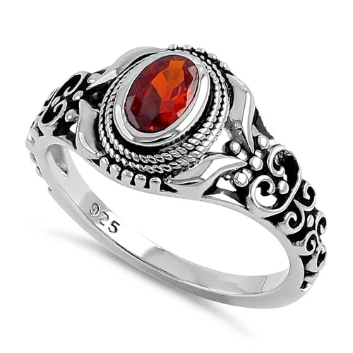 Sterling Silver Austere Oval Cut Red CZ Ring