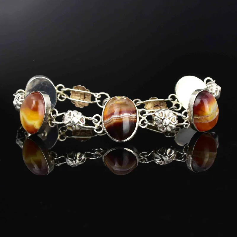 Arts and Crafts Style Silver Floral Banded Agate Bracelet