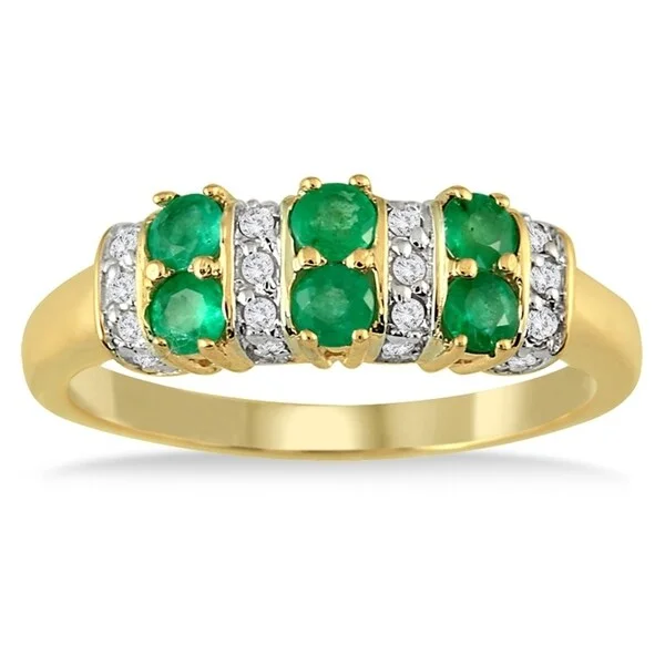 Six Stone Emerald and Diamond Ring 14k Yellow Gold