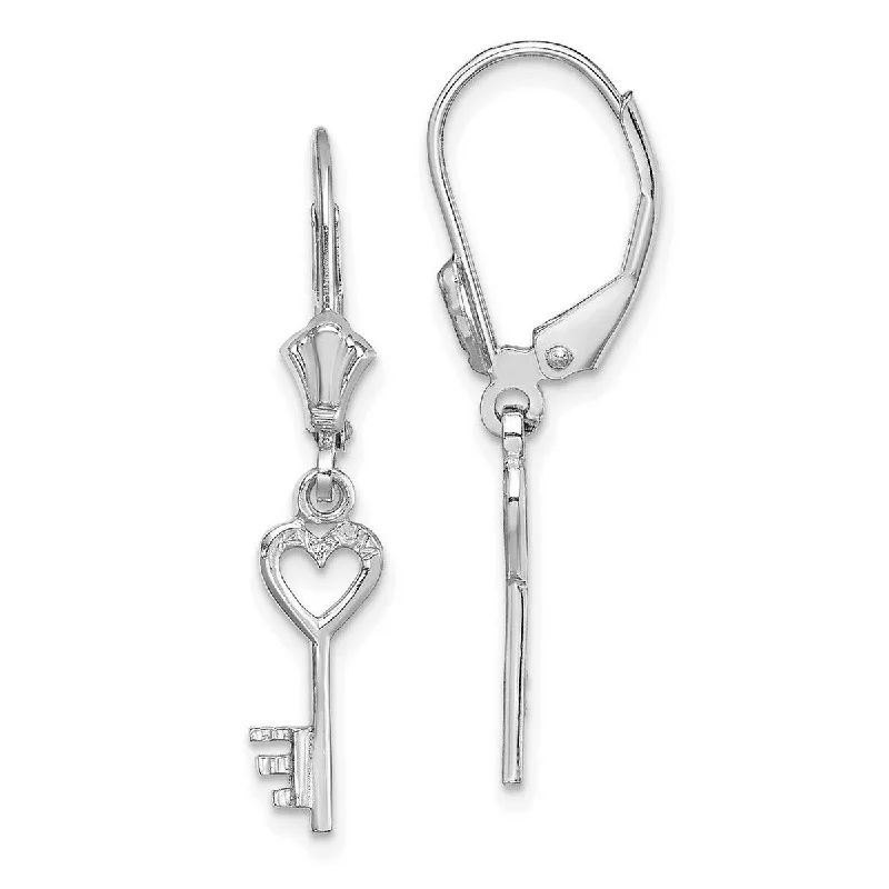 Curata 14k White Gold Key With Love Heart Top Leverback Earrings / High Polish - 31.3x4.3mm Wide