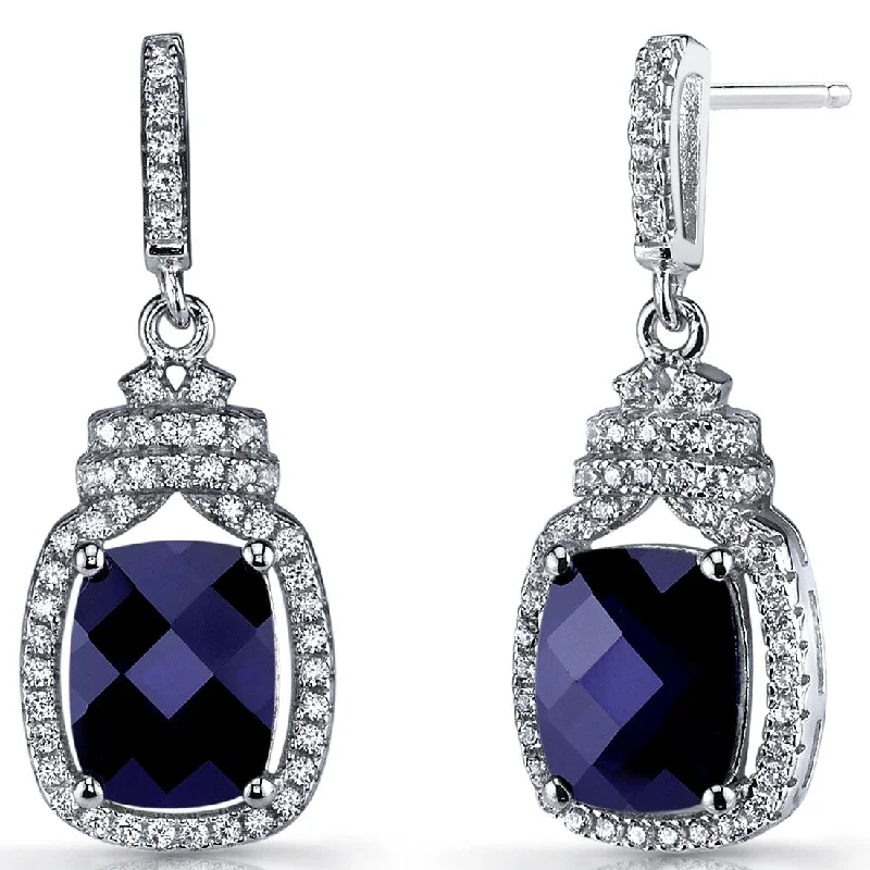 Sterling Silver 5.5ct Created Sapphire Cushion Dangling Earrings