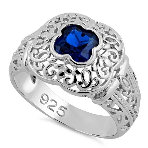 Sterling Silver Quatrefoil Blue Spinel CZ Ring