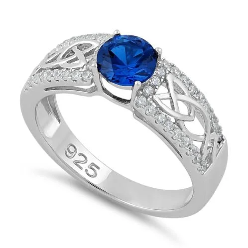 Sterling Silver Celtic Pave Blue Spinel Round CZ Ring