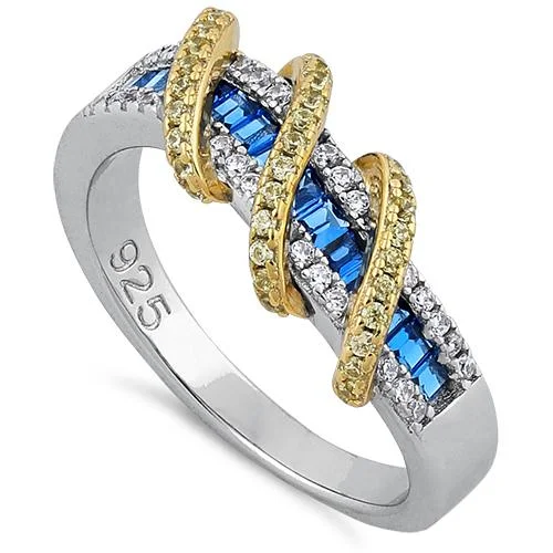 Sterling Silver Two Tone Gold Plated Exotic Twisted Yellow & Blue Spinel CZ Ring