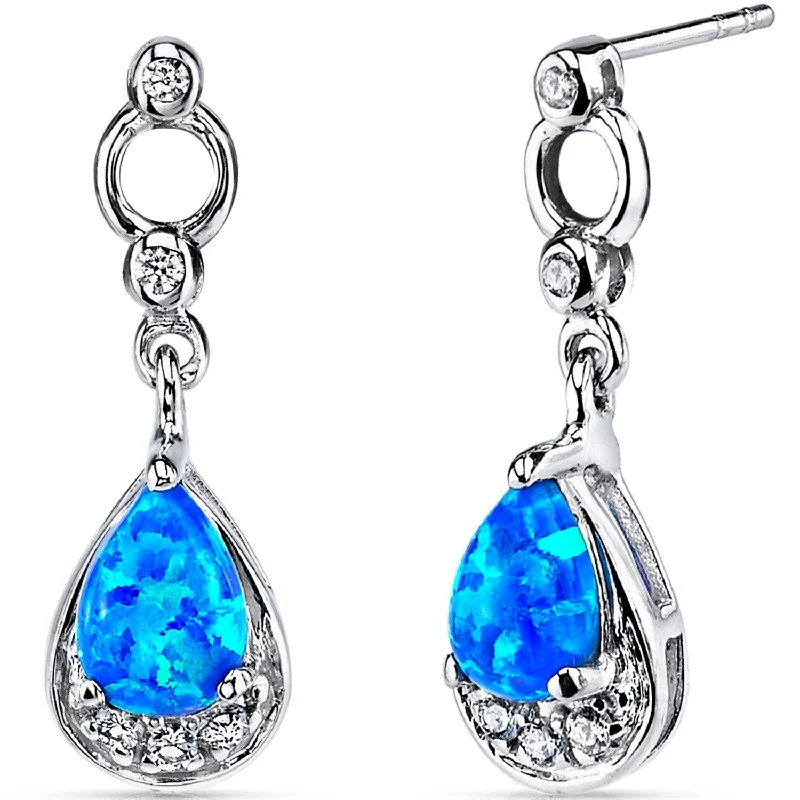 Sterling Silver 0.75ct Created Opal Pear Dangling Earrings