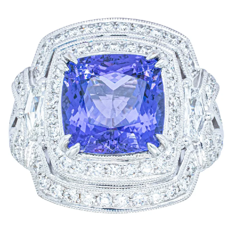 18ct White Gold 5.75ct Tanzanite & Diamond Halo Ring