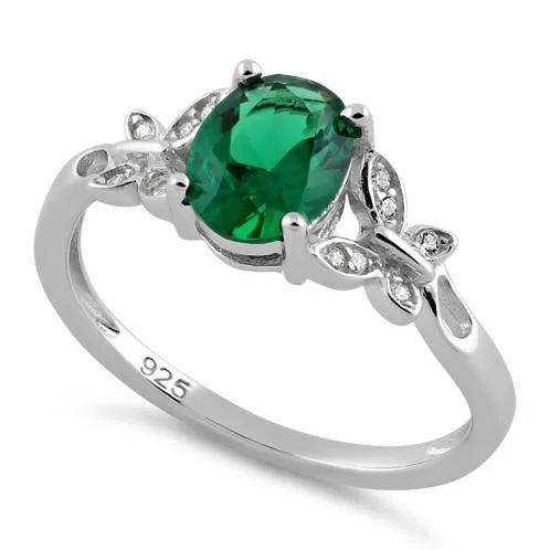 Sterling Silver Double Butterfly Emerald Center Stone CZ Ring