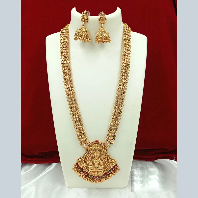 Joyful Jewel Art Matte Gold Plated Pota Stone Temple Long Necklace Set